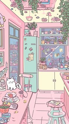 a kitchen filled with lots of clutter and furniture