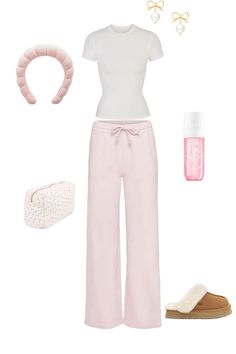 [mine] pink outfit, white t-shirt, pink sweats, sol de janeiro, pink headband, uggs, gold earrings, comfy outfit #pink #comfystyle #comfort #soldejaneiro #skims Pink Sweats, Pink Headband, Outfit Pink, Comfy Outfit, Outfit White, Pink Outfit, White T Shirt, Gold Earrings, Sweatpants