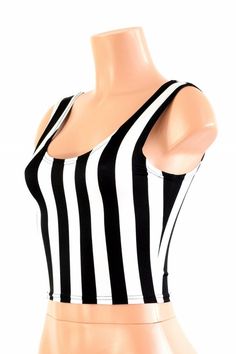 Black & White Striped Print Jail Inmate Referee Prison Scoop Tank Lycra Spandex Crop Top Rave Clubwe Spandex Crop Top, The White Stripes, Striped Crop Top, Olive Branch, Spandex Fabric, Crop Tank, Stripe Print, High Waisted Shorts, Athletic Tank Tops