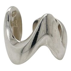 a silver ring with an unusual design on it's side, in the shape of a wave