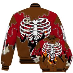 Brand Dunkare Archaeo Brown 5s Shirt Skeleton Heart On Fire All Over Print Baseball Varsity Jacket Red Long Sleeve Outerwear For Halloween, Red Casual Outerwear For Halloween, Cotton Fall Outerwear With Skull Print, Fitted Outerwear With Skull Print And Long Sleeves, Halloween Cotton Outerwear With Skull Print, Halloween Long Sleeve Outerwear With Skull Print, Fall Graphic Print Varsity Jacket, Long Sleeve Cotton Outerwear With Skull Print, Hooded Graphic Print Varsity Jacket For Streetwear