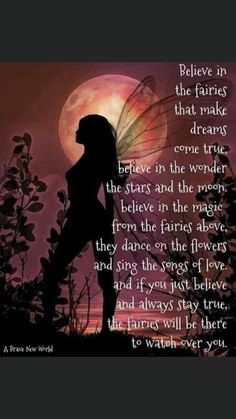 the silhouette of a fairy standing in front of a full moon with a poem written on it