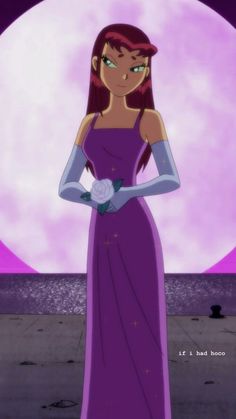 an animated image of a woman in a purple dress with her hands on her hips