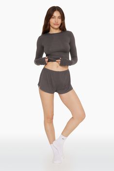 Indulge in comfort with the Sleep Jersey Relaxed Sleep Shorts in Graphite. These relaxed and easy shorts feature contrasting white trim along the waistline with a tiny satin bow at the front. Crafted from our sleep jersey fabric, they're an essential for your loungewear collection. Boyfriend Sleeping, Active Outfits, Sleep Shorts, Racerback Bra, Satin Bow, Soft Shorts, Matching Top, White Trim, Bottom Clothes