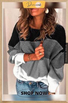 Color-block Long Sleeve Casual Crew Neck Sweater Casual Sweaters Women, Winter Pullover, Colour Blocking, Stylish Sweaters, Lemon Drop, Round Neck Sweaters, Casual Stripes, Yellow Sweater, Loose Sweater