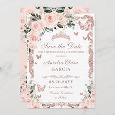 wedding save the date card with pink roses and butterflies