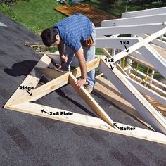 a man standing on top of a roof next to a wooden rafting frame and another person working on it