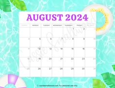 August 2024 monthly calendar free printable with pool background