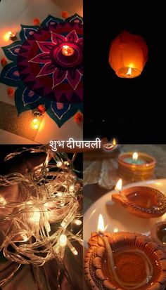 three pictures with candles and lights on them in different stages of being used for diwaling