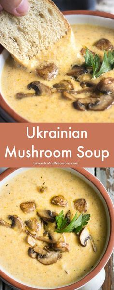 two bowls of soup with mushrooms and bread in them, one is being spooned into it