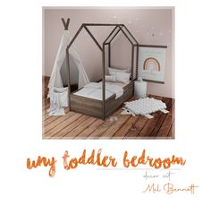 an image of a child's bedroom set up with bed and toys on the floor