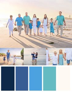 the family is walking on the beach with their parents and children in color swatches