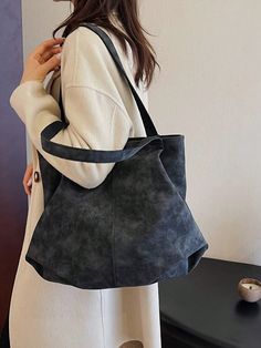 1pc Vintage Women Handbag, Large Capacity Distressed Soft Leather Shoulder Tote Bag Suitable For Office, Shopping, Casual & Travel Black Vintage   PU Leather Plain,Textured Pattern Shoulder Tote Bag   Women Bags, size features are:Bust: ,Length: ,Sleeve Length: Bags For Women Fashion, Plaid Tote Bag, Casual Tote Bag, Casual Tote, Mua Sắm, Shoulder Tote Bag, Handbags For Men, Black Tote Bag, Womens Tote