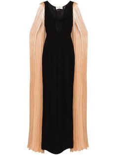 black/gold-tone scoop neck cut-out detailing plissé rear cape insert plissé extra-long sleeves flared hem full lining concealed side zip fastening Cape Wedding Dress, Maxi Dress Black, Extra Long Sleeves, City Dress, Black Wedding Dresses, Black Maxi, Pink Maxi Dress, Summer Beach Wear, Fantasy Clothing