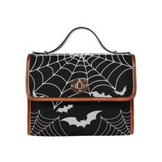 "► ABOUT THIS PURSE Colors & Design: Black, brown trim, gray bats & spiderwebs Express international shipping (cost of up to $25) is included in the price. The design is printed on all sides. The handle and trim are brown. The purse comes with a vegan brown strap. * Made from high-grade waterproof canvas, durable, water-resistant, rigid purse design * Can be used as a nice laptop iPad storage bag, business briefcase, college school bag, leisure travel tote bag, crossbody messenger bag, card wall Black Rectangular Bag For Halloween, Black Crossbody Bag For Halloween, Rectangular Black Bag For Halloween, Gothic Halloween Shoulder Bag, Black Rectangular Shoulder Bag For Halloween, Black Halloween Rectangular Shoulder Bag, Gothic Satchel Bag For Halloween, Black School Bag For Halloween, Spooky Black Bags For Halloween