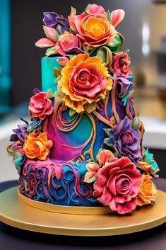 a multi - colored cake decorated with flowers and swirls