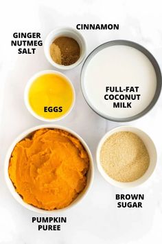 the ingredients for pumpkin puree in bowls on a white background with text overlay