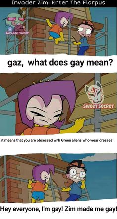 an image of cartoon characters with caption that reads, gaz, what does gay mean?