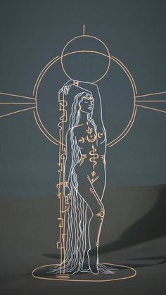 an illuminated sculpture with the image of a woman holding a staff in her hand and surrounded by symbols