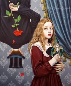 a painting of a girl holding a doll next to a man in a suit