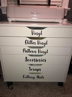 the drawers are labeled with different types of sewing mats