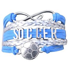 a blue and silver bracelet with the word soccer on it