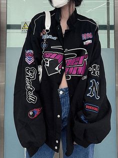 Vintage Embroidered Button-Down Motorcycle Varsity Jacket - AnotherChill Look Grunge, 일본 패션, Coat Trends, Autumn Pattern, Outfits Petite, Baseball Women, Vintage Punk, Looks Black, Oversized Jacket