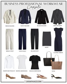 Business Professional Capsule + 5 Outfit Ideas [VIDEO] - LIFE WITH JAZZ Corporate Attire Women Capsule, Woman Business Professional, Business Professional Outfits Capsule, Business Professional Wardrobe Basics, Business Professional Travel Outfits, Business Formal Capsule Wardrobe, Easy Business Professional Outfits, Business Formal Women Summer, Workwear Outfit Ideas