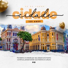 an advertisement for cicllade in the spanish language with buildings and gold balloons