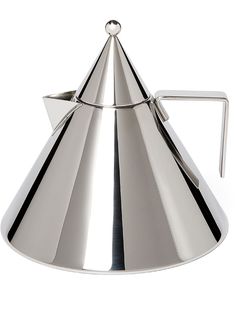 a stainless steel tea pot with a handle on the side and a triangle shaped top