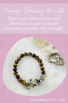 The Courage Bracelet is made with a thoughtful mix of crystals to impart the willpower, stability and strength needed to be courageous on your journey. It is made with tiger's eye to help you release fear and anxiety and take action based on clear, logical decisions to move forward. | #couragebracelet #crystalbracelet | sarahbellestyle.com Spiritual Community, Step Into Your Power, Release Fear, Be Courageous, Tibetan Jewelry, Dalmatian Jasper, White Howlite, Diffuser Bracelets