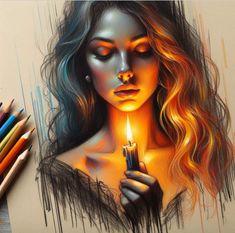 a drawing of a woman holding a lit candle with colored pencils next to it