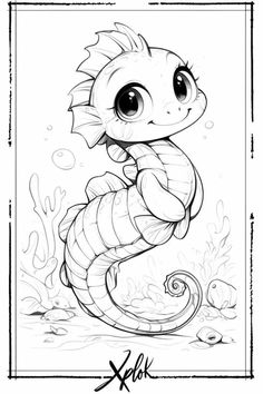 a drawing of a cartoon seahorse with big eyes and long tail, standing in the water