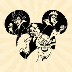 an image of disney characters with their faces in the shape of three heads, one is black and white