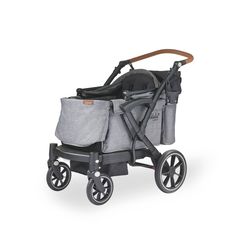 the stroller is grey and has black wheels