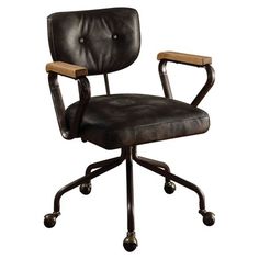 an office chair with casteors and leather upholstered on the back, viewed from the front