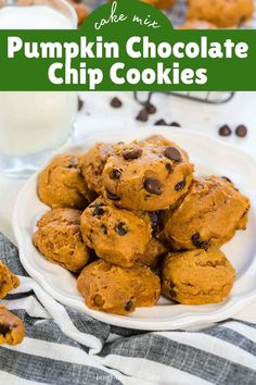 pumpkin chocolate chip cookies on a plate with milk in the background and text overlay