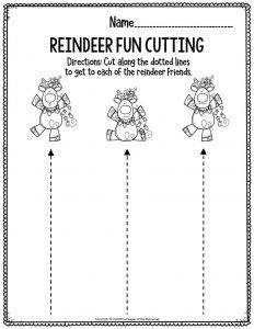 the reindeer fun cutting worksheet is shown in black and white, with three different pictures