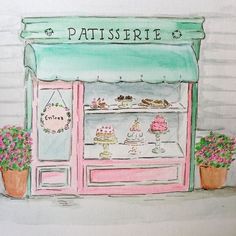 a drawing of a pastry shop with potted plants and cakes on the front window