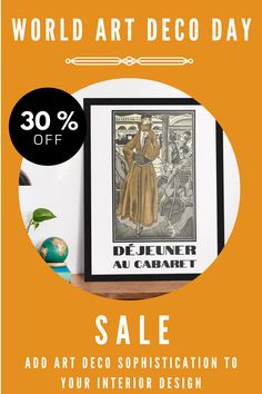 an orange and white poster with the words world art deco day sale on it's side