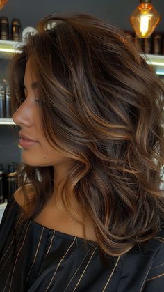 Dark Brown Hair With Chocolate Highlight, Subtle Hair Highlights, Golden Brown Highlights, Haircuts For Medium Length Hair, Hoco Hairstyles, Dull Hair