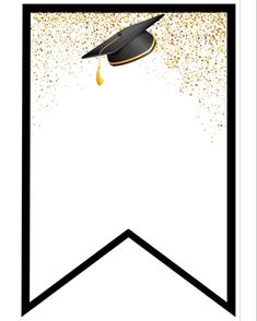 a black and gold graduation cap on top of a white banner with confetti