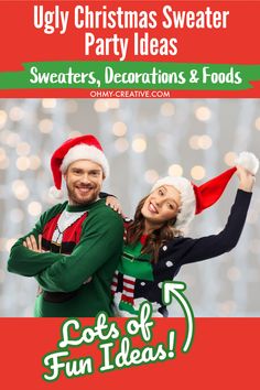 a man and woman wearing christmas hats with text overlay saying ugly christmas sweater party ideas