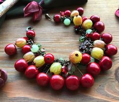 Red Cherry Gooseberry bracelet with onyx & coral Summer berry bright jewelry Garden Nature Botanical Unique Red Bracelet For Gift, Unique Red Bracelet As Gift, Handmade Cherry Colored Round Bead Jewelry, Red Dangle Charm Bracelet As Gift, Red Dangle Charm Bracelet For Gift, Red Dangle Bracelets As Gift, Buckeye Jewelry, Copper Butterfly, Chunky Charm Bracelet