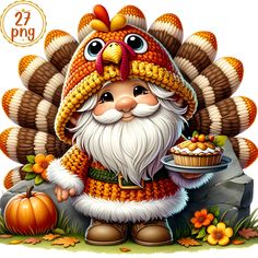 a cartoon thanksgiving turkey holding a cupcake