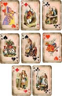 six playing cards with alice and the rabbit on them