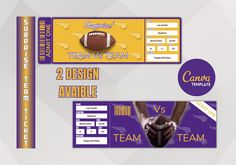 two purple and yellow football ticket holders with the words team vs team on them