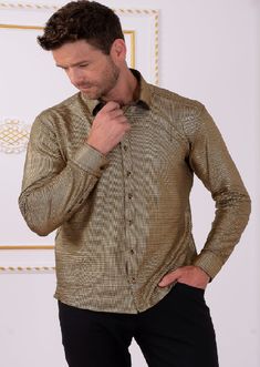 A modern shirt with an unexpected edge. This gold metallic shirt from Mondo is embellished with shine texture fabric detailed Boasting an aesthetic of luxury and pure opulence, this shirt gold metallic stretch will surely upgrade your style. Soft and smooth, yet slightly grainy in hand, its striated metallic gold threads make for an astonishing brilliance complemented by its wavy, ruffled texture. Lightweight and airy with a generous 4-way stretch Take your couture line to the next level with th Metallic Shirt, Metallic Texture, Gold Outfit, Texture Fabric, Shades Of Gold, Touch Of Gold, Gold Threads, Metallic Gold, Gold Metal