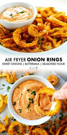 two plates filled with onion rings and dipping sauce