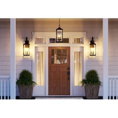 two planters with plants on either side of the front door and light above them